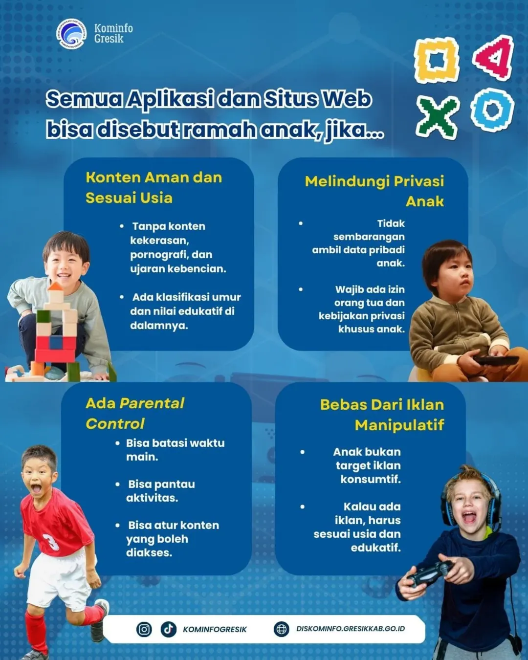 Penjelasan mengenai empat syarat utama aplikasi disebut ramah anak: Konten Aman (tanpa kekerasan/pornografi), Perlindungan Privasi (izin orang tua), adanya Parental Control (batas waktu & pantau aktivitas), serta Bebas Iklan Manipulatif yang hanya menampilkan iklan edukatif sesuai usia.