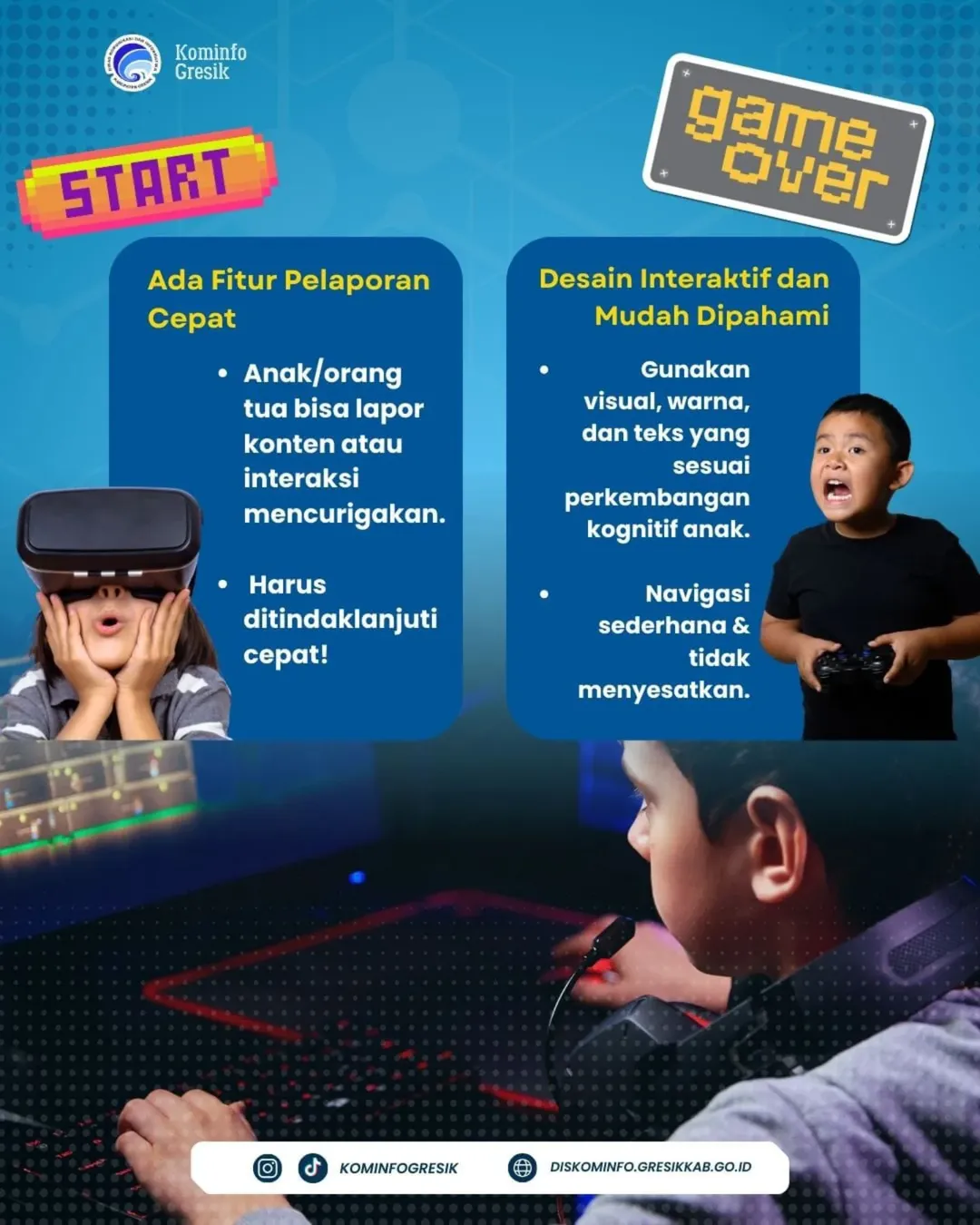 Infografis yang menekankan dua aspek penting sistem ramah anak: Fitur Pelaporan Cepat agar anak atau orang tua bisa melaporkan konten mencurigakan secara instan, serta Desain Interaktif yang menyesuaikan perkembangan kognitif anak dengan navigasi yang sederhana dan tidak menyesatkan.