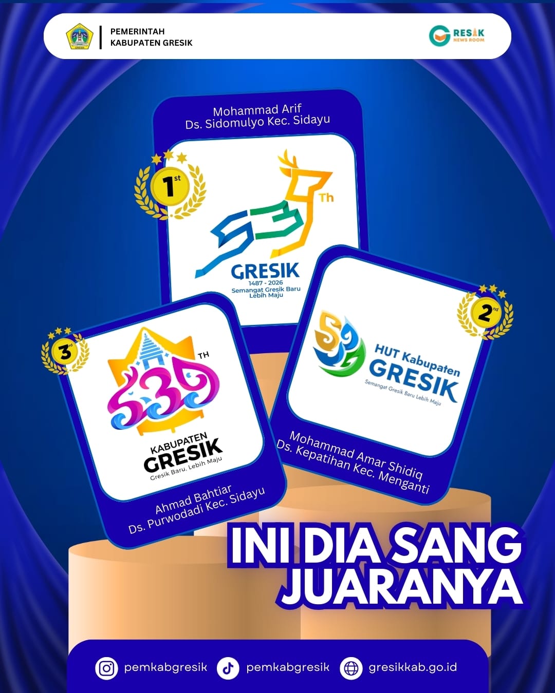 Terdapat 3 pemenang, juara 1 atas nama Mohammad Arif dari Ds. Sidomulyo Kec. Sidayu, juara 2 atas nama Mohammad Amar Shidiq dari Ds. Kepatihan Kec. Menganti, juara 3 atas nama Ahmad Bahtiar dari Ds. Purwodadi Kec. Sidayu